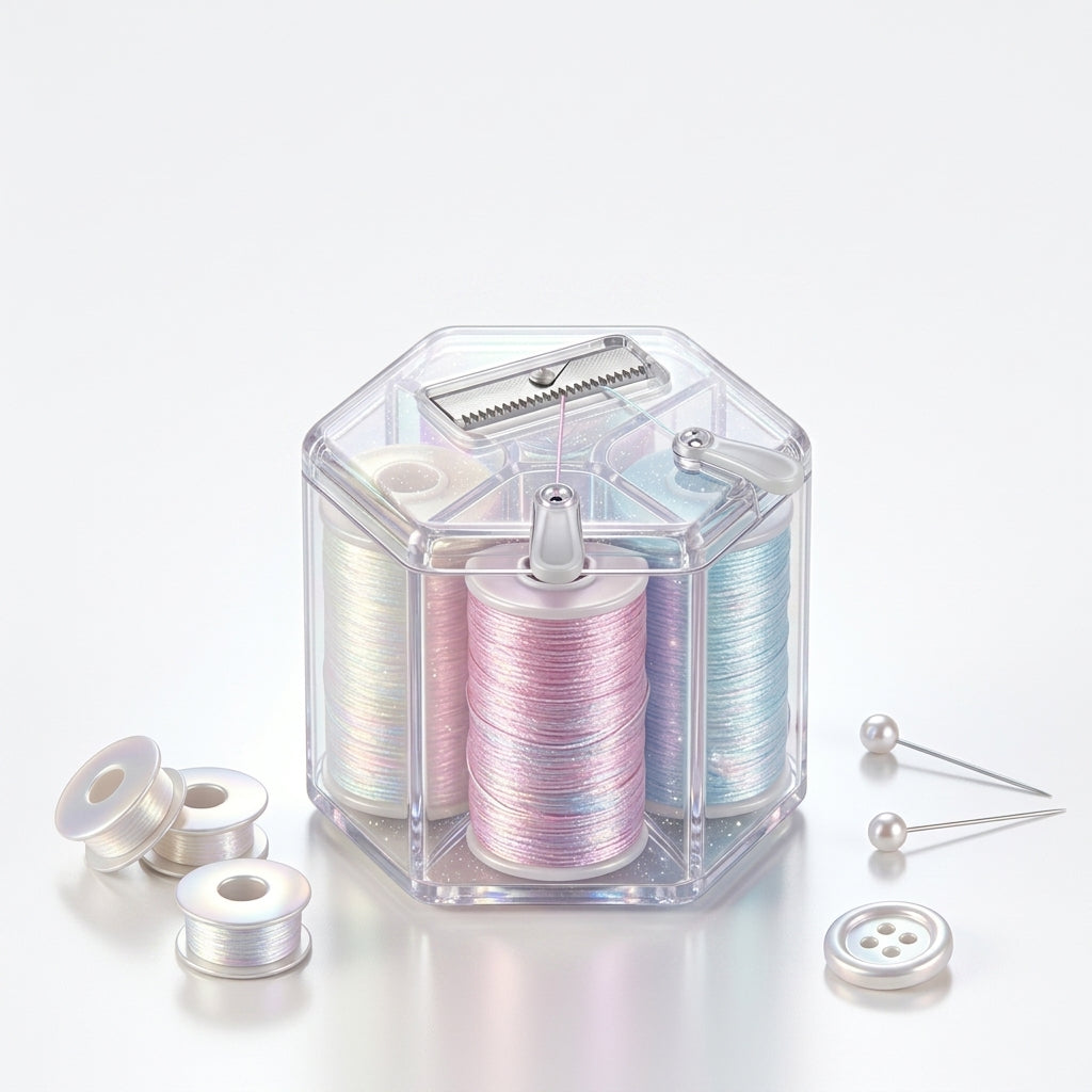 JaeYacn™ Iridescent Thread Capsule with Built-in Cutter – Hexagon Multi-Chamber Spool Organizer, 6-Color Metallic Shimmer Sewing Thread Set for Embroidery, Quilting, and DIY Crafts