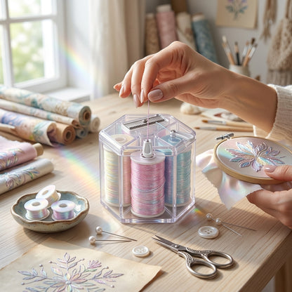 JaeYacn™ Iridescent Thread Capsule with Built-in Cutter – Hexagon Multi-Chamber Spool Organizer, 6-Color Metallic Shimmer Sewing Thread Set for Embroidery, Quilting, and DIY Crafts