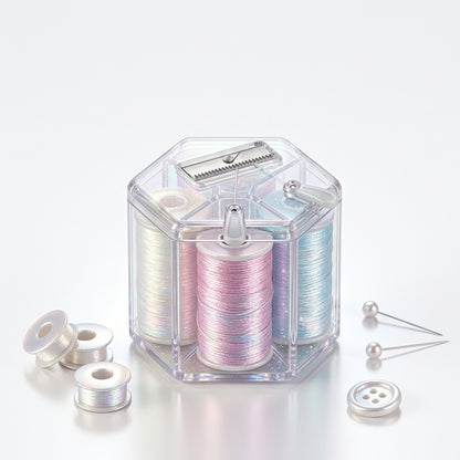 JaeYacn™ Iridescent Thread Capsule with Built-in Cutter – Hexagon Multi-Chamber Spool Organizer, 6-Color Metallic Shimmer Sewing Thread Set for Embroidery, Quilting, and DIY Crafts