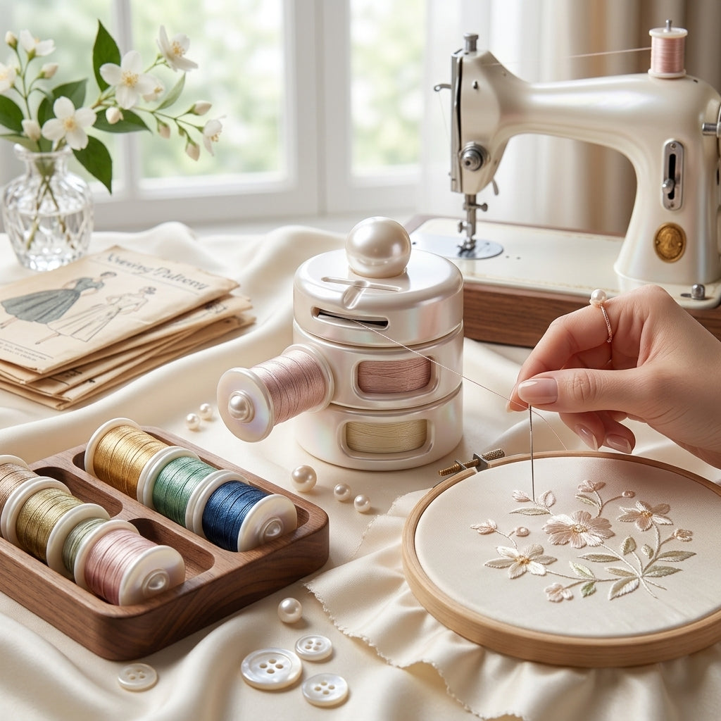 JaeYacn™ Pearl Bobbin Holder & Thread Organizer | Stackable Sewing Spool Dispenser with Built-in Cutter & Needle Dock | Elegant Mother-of-Pearl Aesthetic Sewing Notions Gift for Quilters, Embroidery & Crafting
