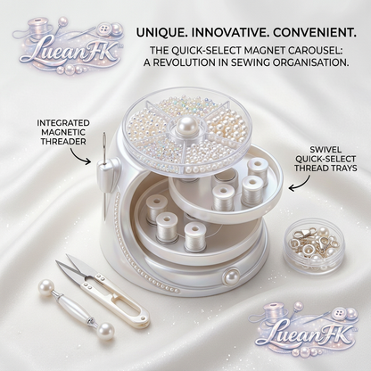 JaeYacn™ 3-Tier Rotating Sewing Organizer Carousel – Swivel Thread Spool Holder, Clear Bead & Button Storage Tray with Integrated Magnetic Needle Threader – Elegant Pearlescent Desktop Craft Storage for Sewing, Embroidery, and Quilting