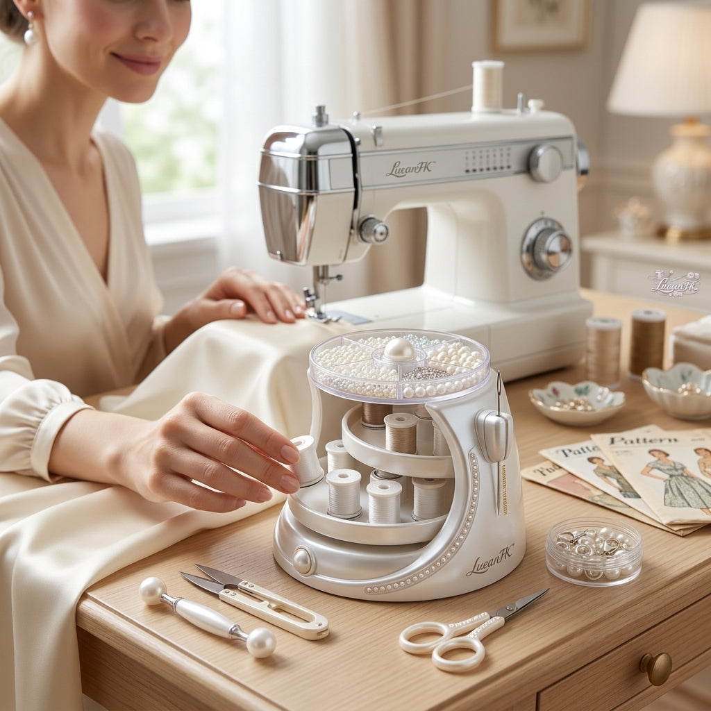 JaeYacn™ 3-Tier Rotating Sewing Organizer Carousel – Swivel Thread Spool Holder, Clear Bead & Button Storage Tray with Integrated Magnetic Needle Threader – Elegant Pearlescent Desktop Craft Storage for Sewing, Embroidery, and Quilting