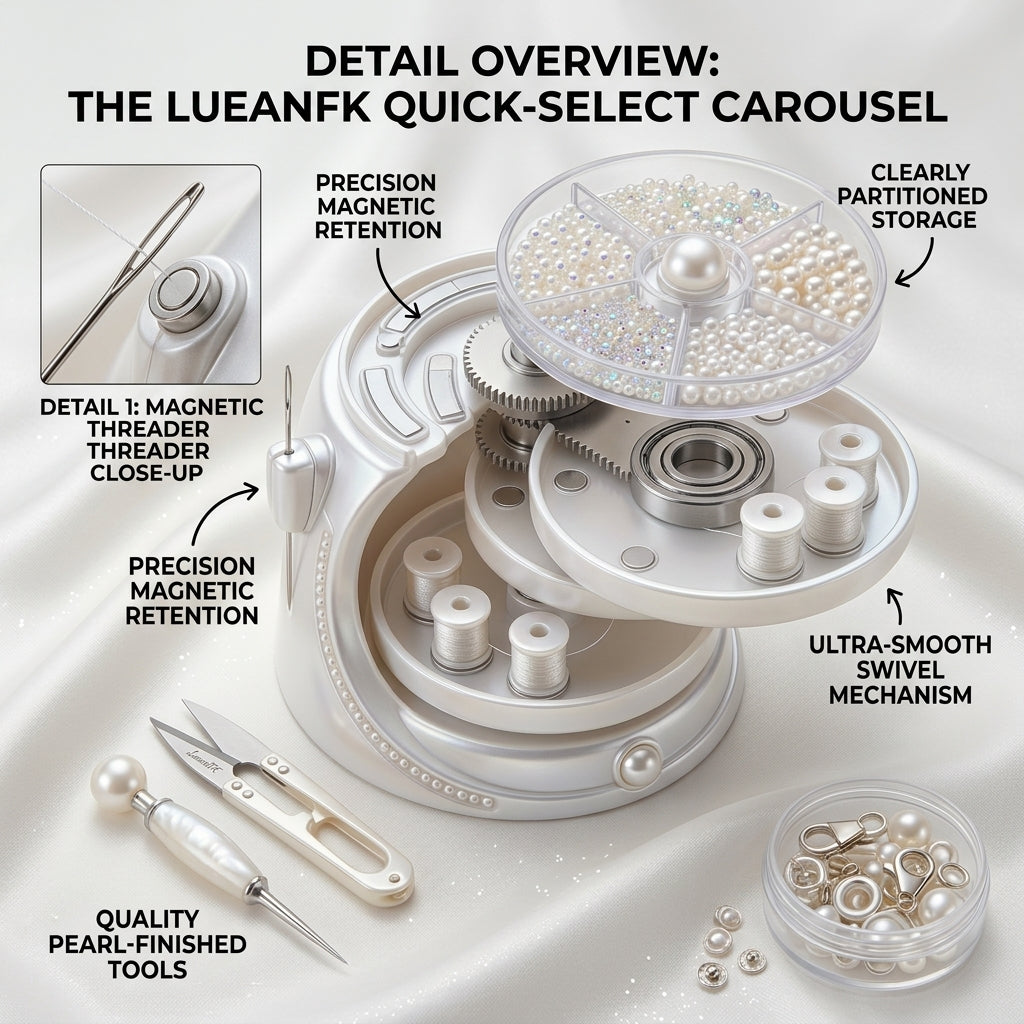 JaeYacn™ 3-Tier Rotating Sewing Organizer Carousel – Swivel Thread Spool Holder, Clear Bead & Button Storage Tray with Integrated Magnetic Needle Threader – Elegant Pearlescent Desktop Craft Storage for Sewing, Embroidery, and Quilting