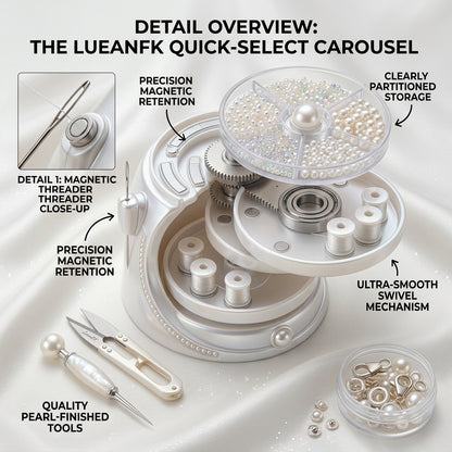 JaeYacn™ 3-Tier Rotating Sewing Organizer Carousel – Swivel Thread Spool Holder, Clear Bead & Button Storage Tray with Integrated Magnetic Needle Threader – Elegant Pearlescent Desktop Craft Storage for Sewing, Embroidery, and Quilting