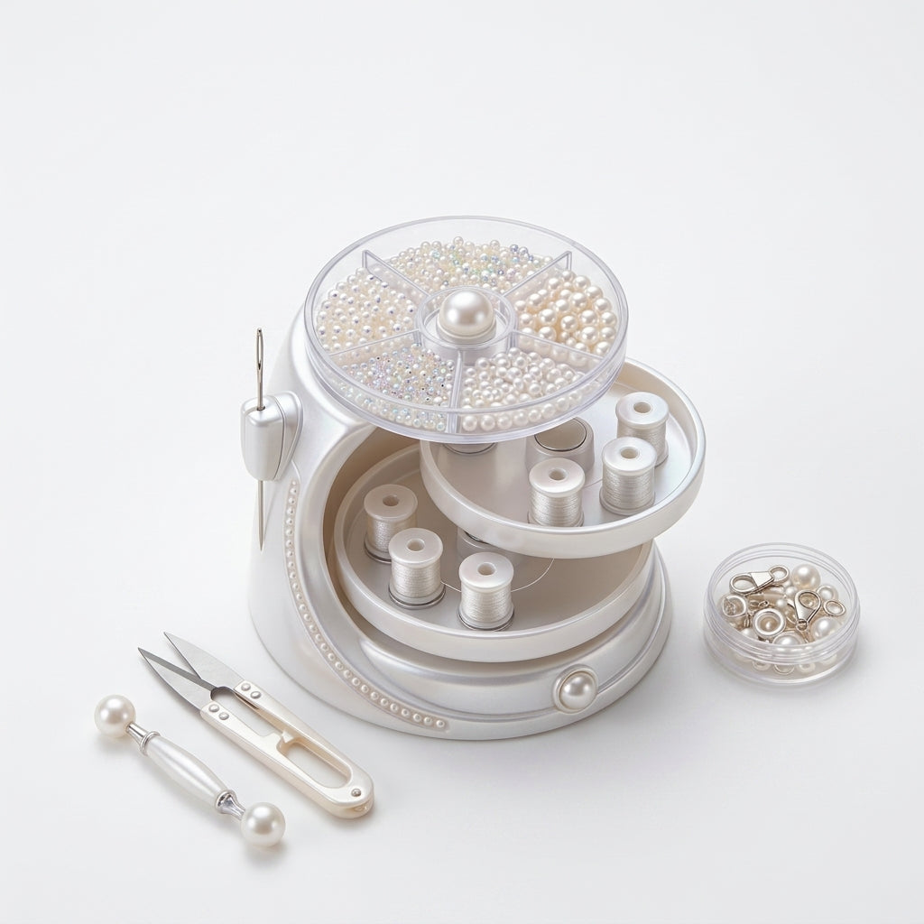 JaeYacn™ 3-Tier Rotating Sewing Organizer Carousel – Swivel Thread Spool Holder, Clear Bead & Button Storage Tray with Integrated Magnetic Needle Threader – Elegant Pearlescent Desktop Craft Storage for Sewing, Embroidery, and Quilting